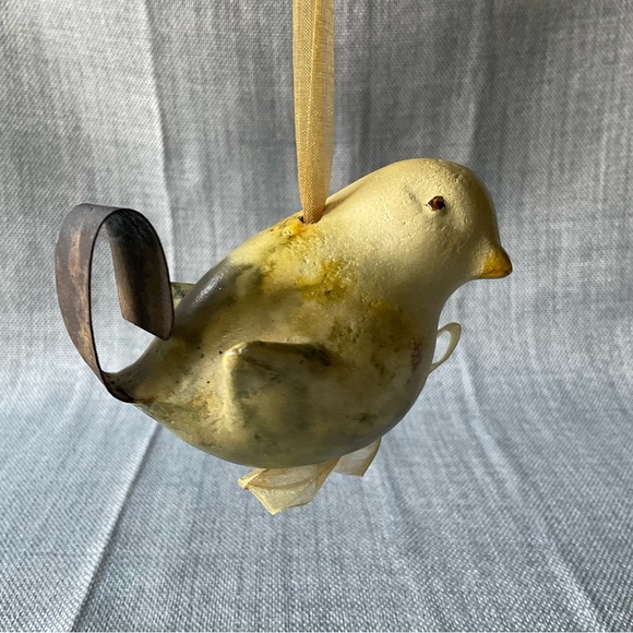 Rustic Yellow Hanging Ceramic Bird Gold Ribbon Ornament Chickadee Figurine Decor - Picture 7 of 15